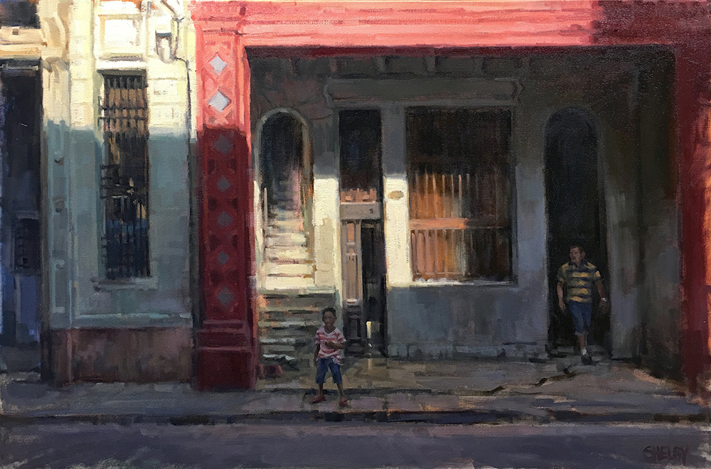 Oil painting of a young boy on a sidewalk with a building behind him