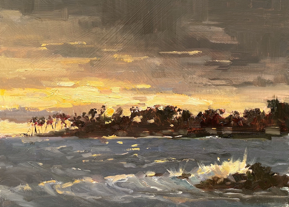 Oil painting of crashing ocean waves in a tropical place
