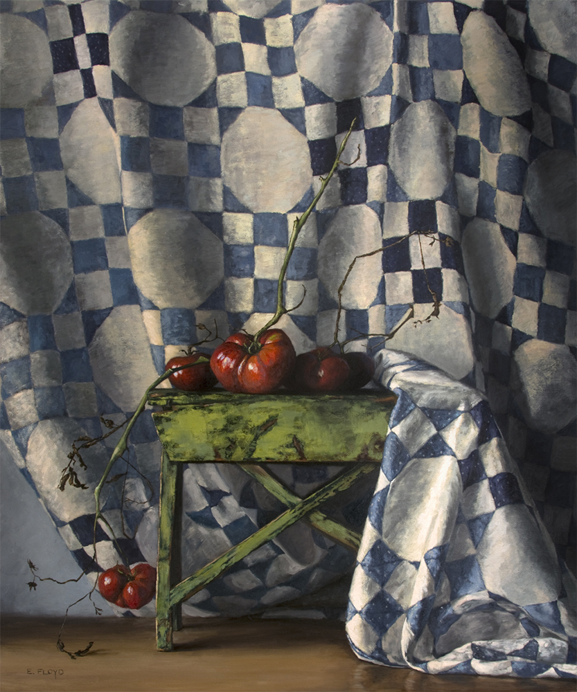 Oil painting of tomatoes with a cloth backdrop