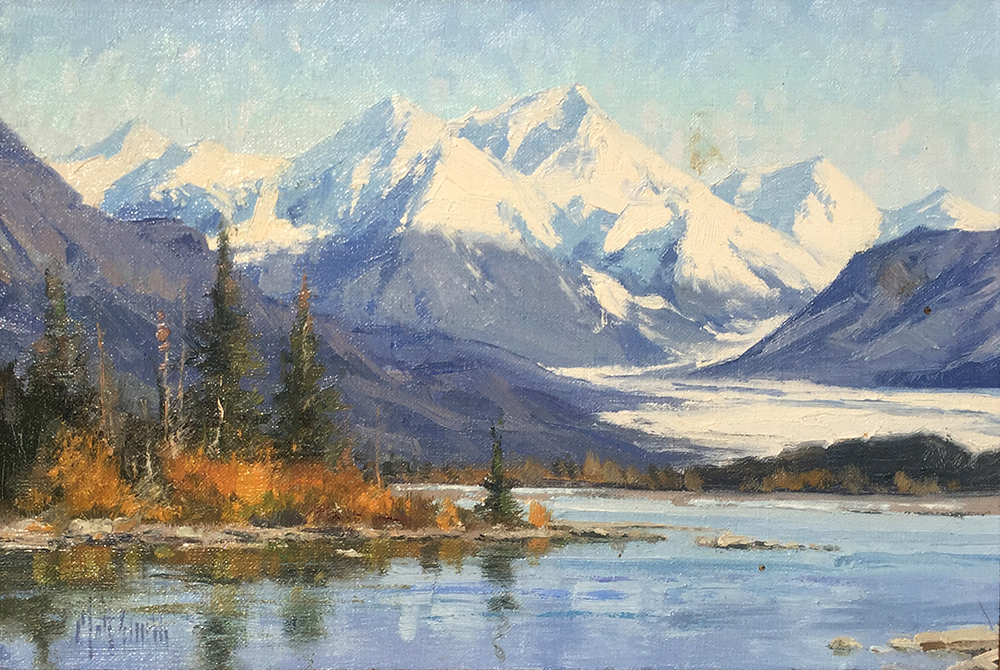 Oil painting of snowcapped mountains and a lake