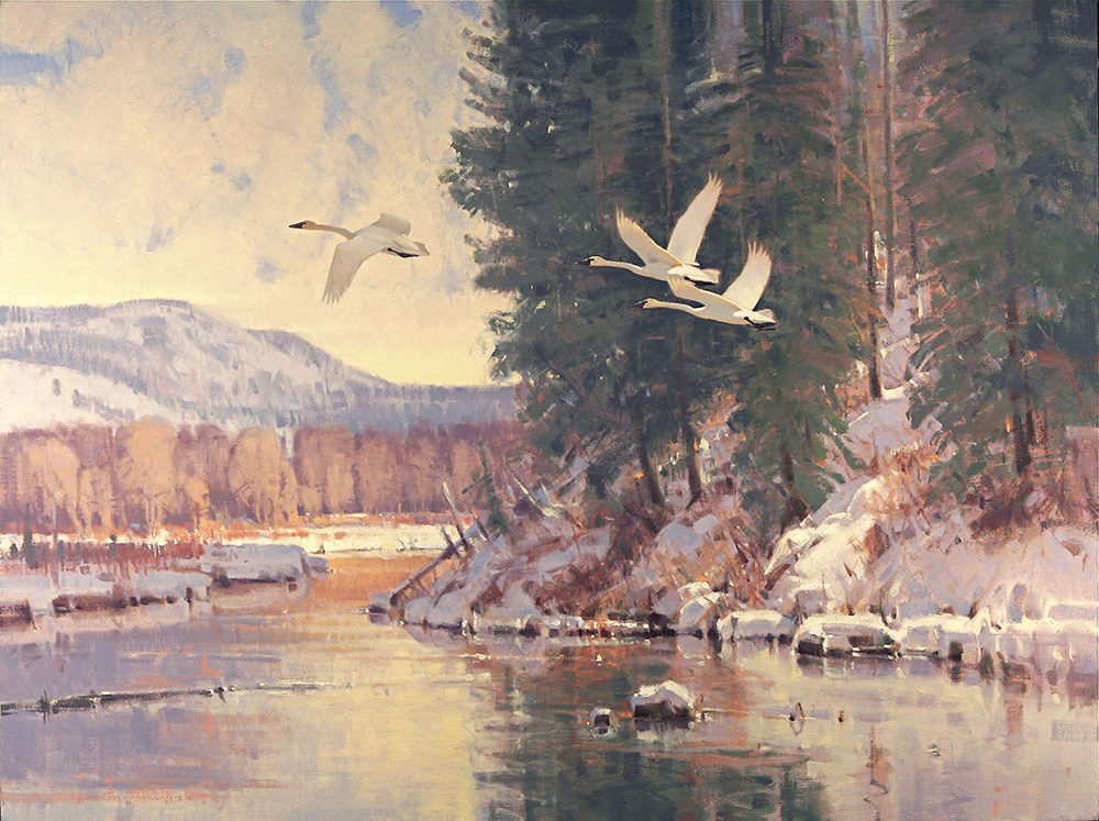 Oil painting of swans flying over a river