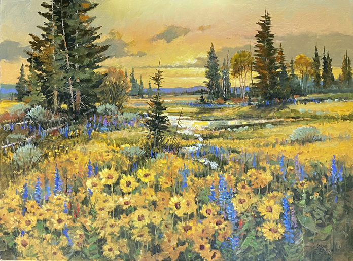 Oil painting of a landscape with sunflowers trees and a stream
