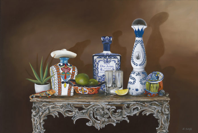Oil painting of decorative jars, fruit and a plant on an ornate table