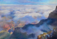 Featured Artwork: Bruce Gomez presented by Grand Canyon Celebration of Art Pastel painting of a storm over the Grand Canyon