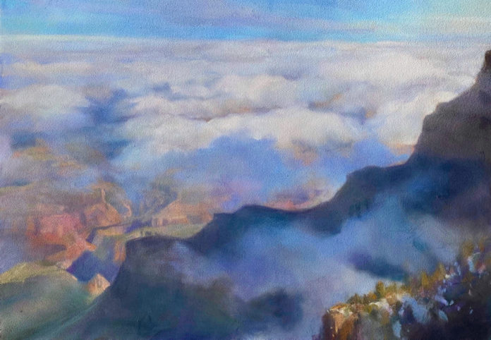 Pastel painting of a storm over the Grand Canyon