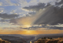 Featured Artwork: Linda Glover Gooch presented by Grand Canyon Celebration of Art Oil painting of sunset over the Grand Canyon