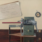 Featured Artwork: Betsy Kellum Oil painting of a pencil in an old-fashioned sharpener with a cursive writing sample on the wall