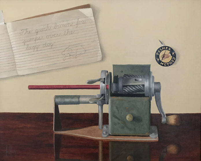Oil painting of a pencil in an old-fashioned sharpener with a cursive writing sample on the wall