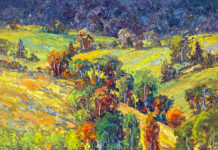 Featured Artwork: Brad Teare Oil painting of a green, hilly landscape with trees in the valleys