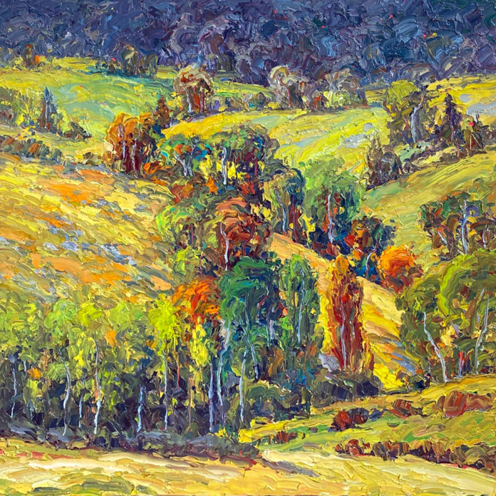 Oil painting of a green, hilly landscape with trees in the valleys