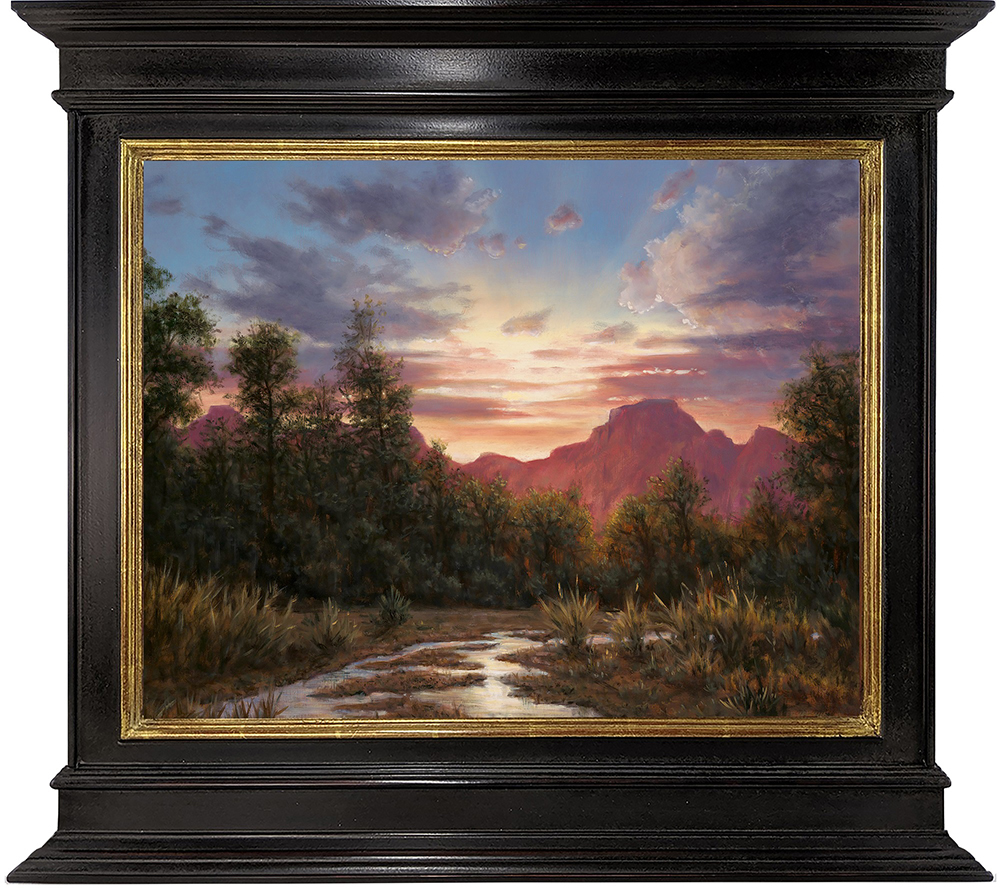 Oil painting of a landscape with light above the mountains, trees and a river