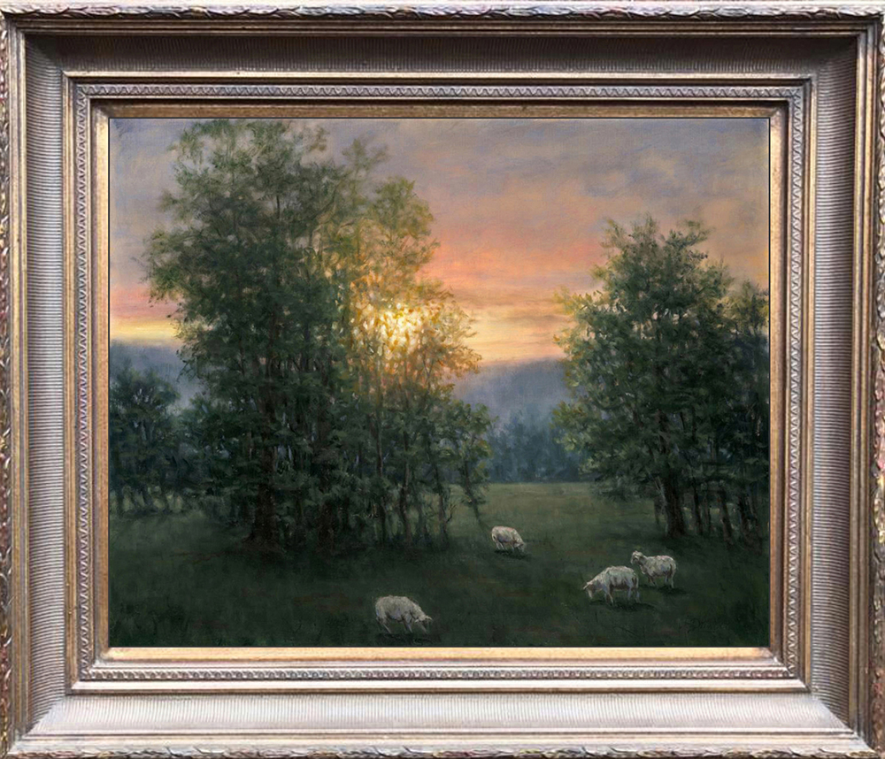 Oil painting of sunset over pastures with sheep 