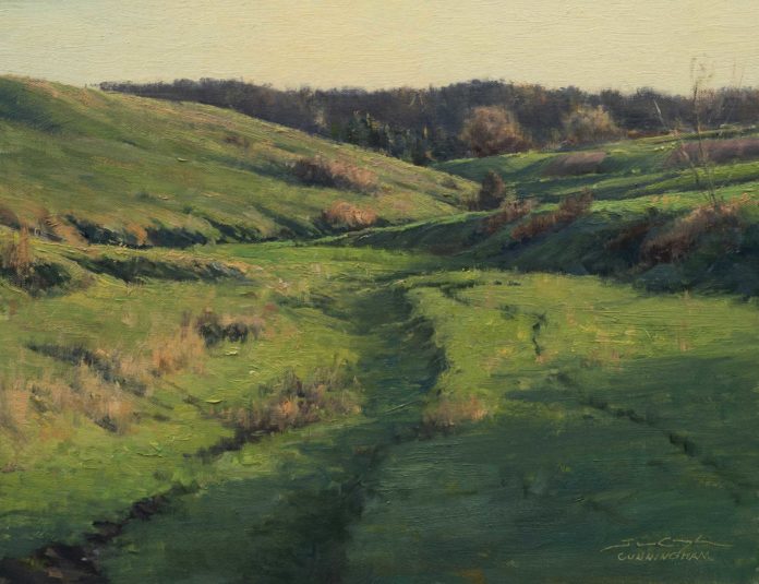 Landscape paintings for sale - Joshua Cunningham (b. 1974), "So Begins the Green," 2020, oil on linen, 14 x 18 in.