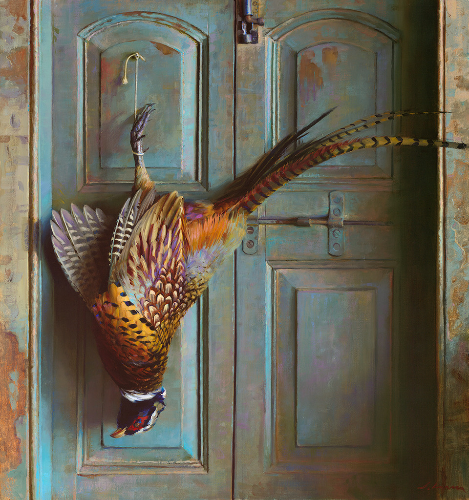 Realism still life art - Jeffrey T. Larson, "Pheasant on Blue Door"