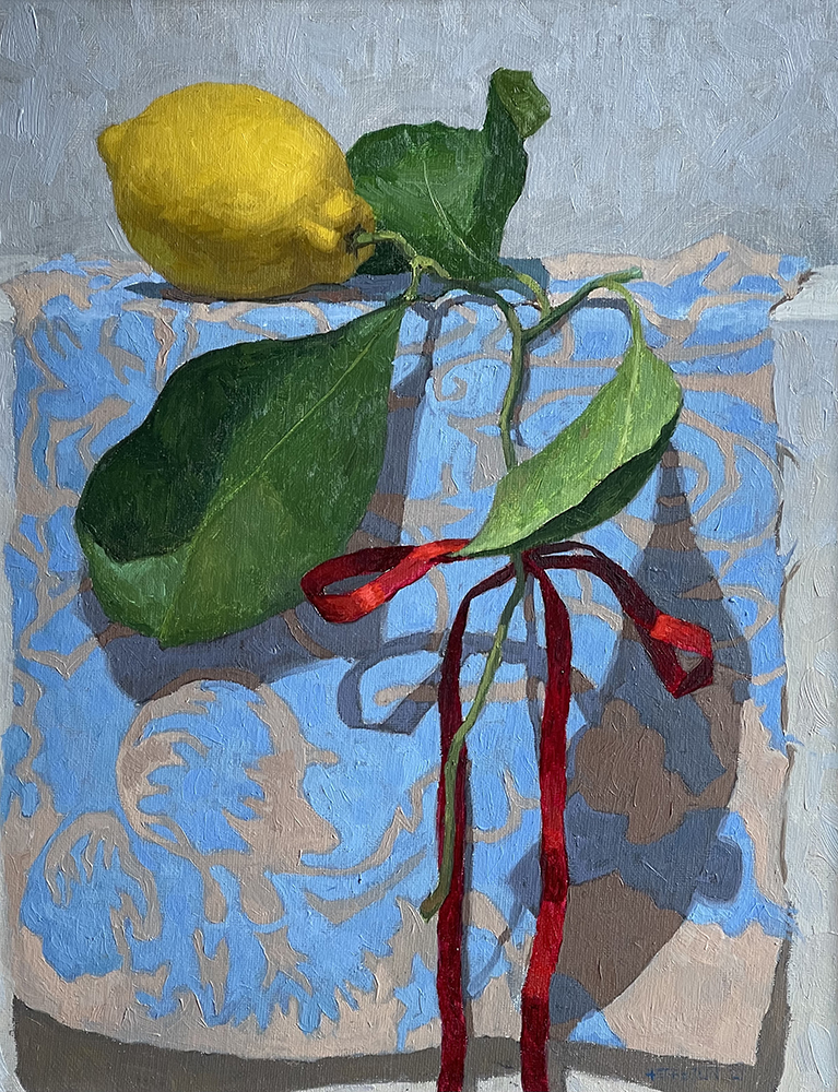 Oil painting of a lemon with a red ribbon tied to the stem