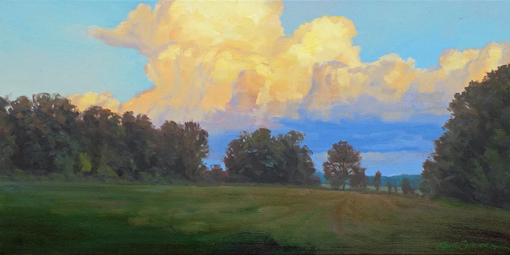 Oil painting of a landscape with a grassy hillside, trees and a cloudy sky