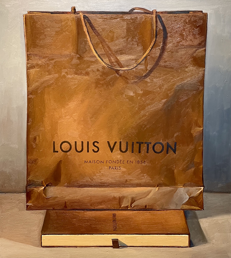 Oil painting of a Louis Vuitton shopping bag