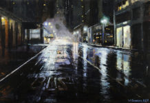 Artist Spotlight: William A. Schneider Oil painting of a city street on a rainy night