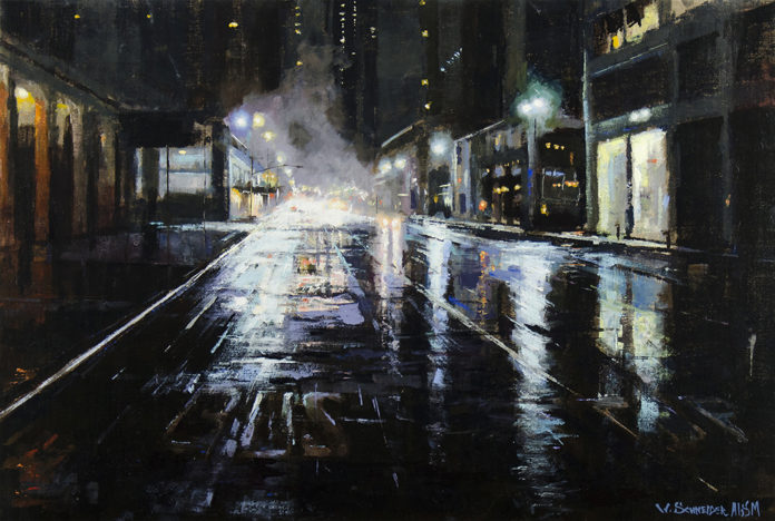 Oil painting of a city street on a rainy night