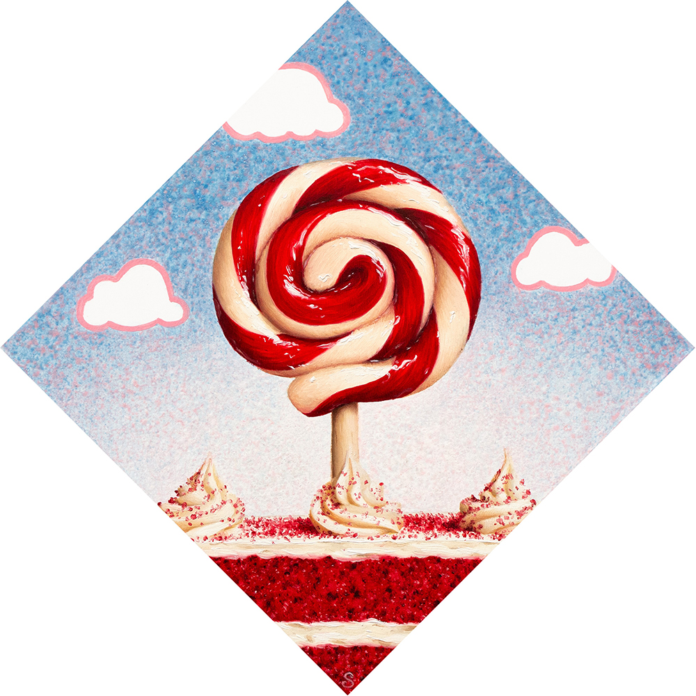 Acrylic and oil painting of a red lollipop on top of a piece of red velvet cake