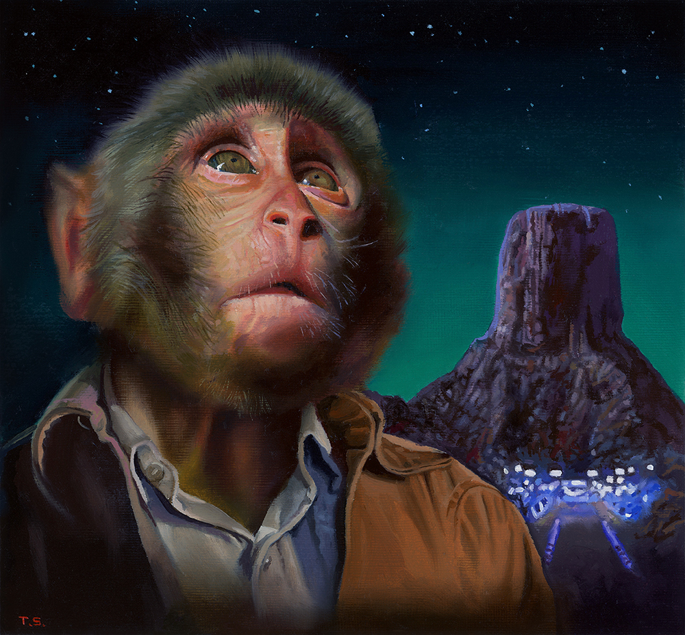 Oil painting of a monkey in a shirt and jacket with Devil's Tower in the background