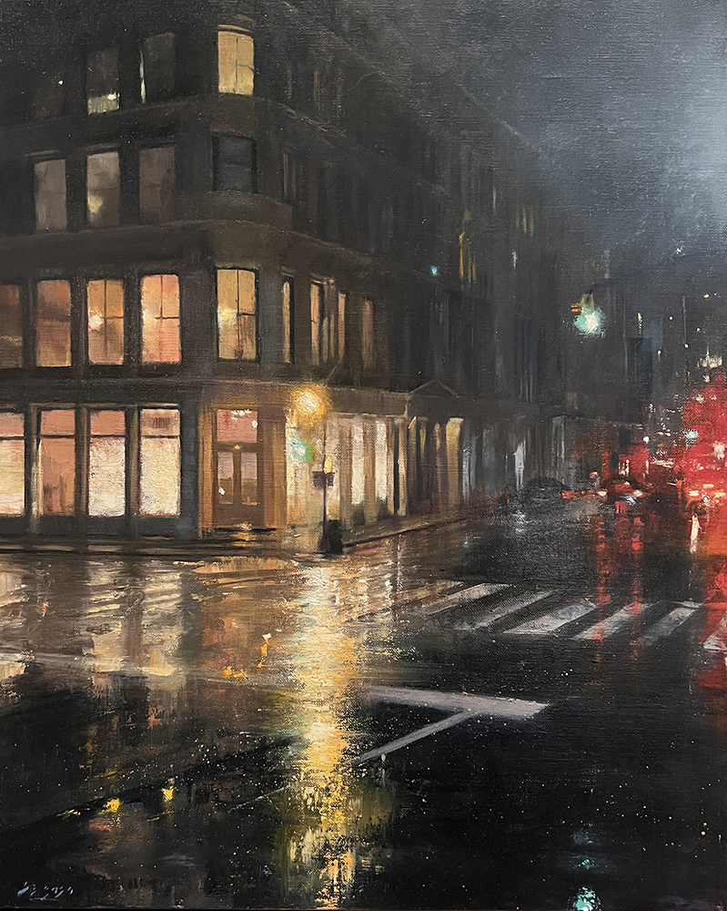 Oil painting of a city street corner at night in the rain