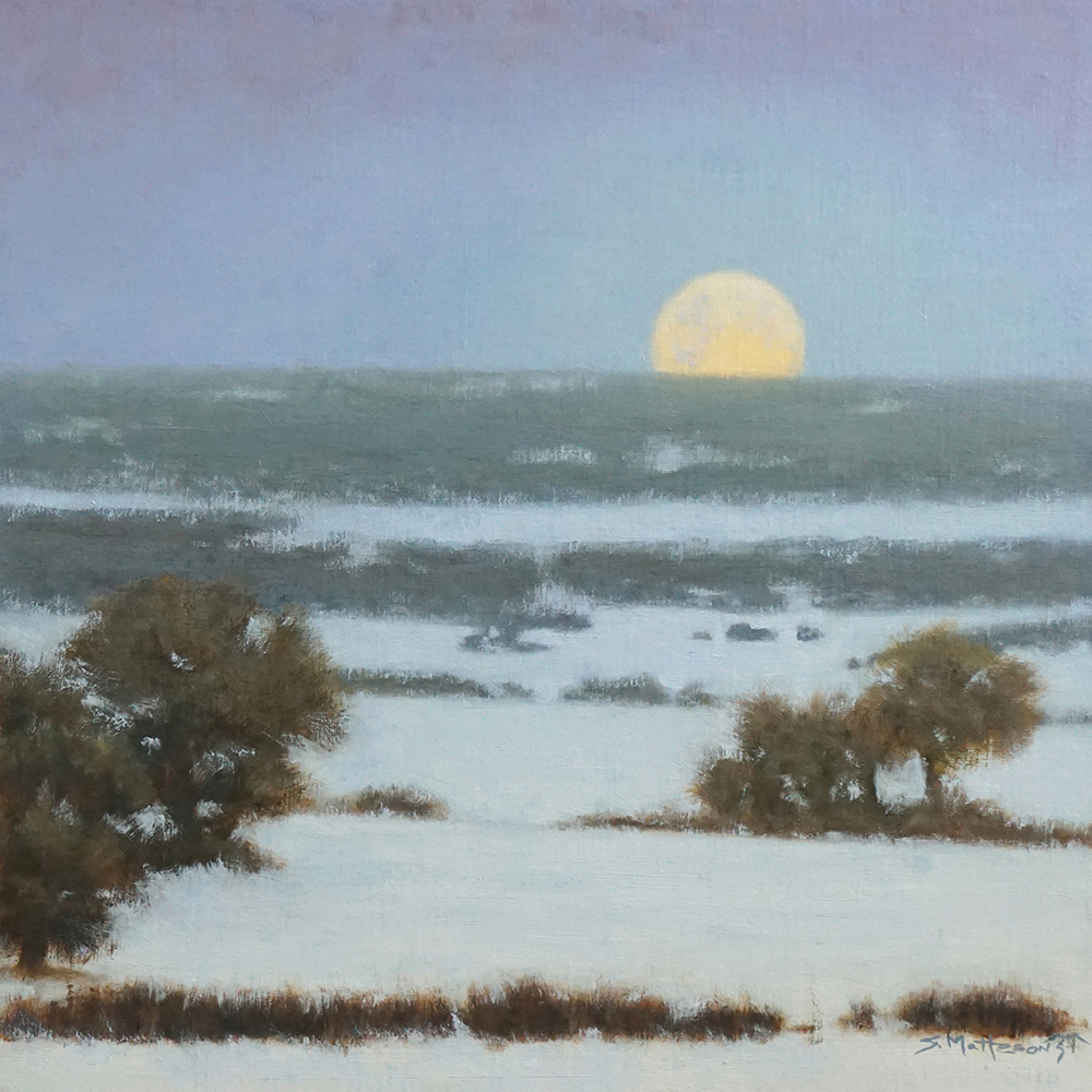 Oil painting of the the moon on a snowy horizon