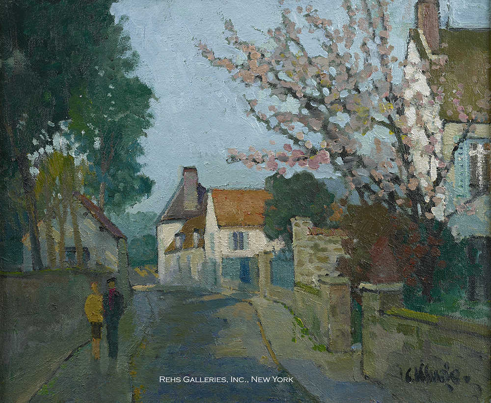 Oil painting of two figures walking down a street in a town
