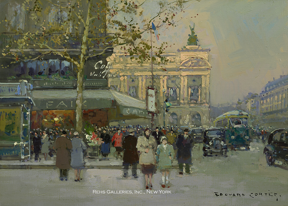 Oil painting of people on a street in Paris in front of a corner cafe