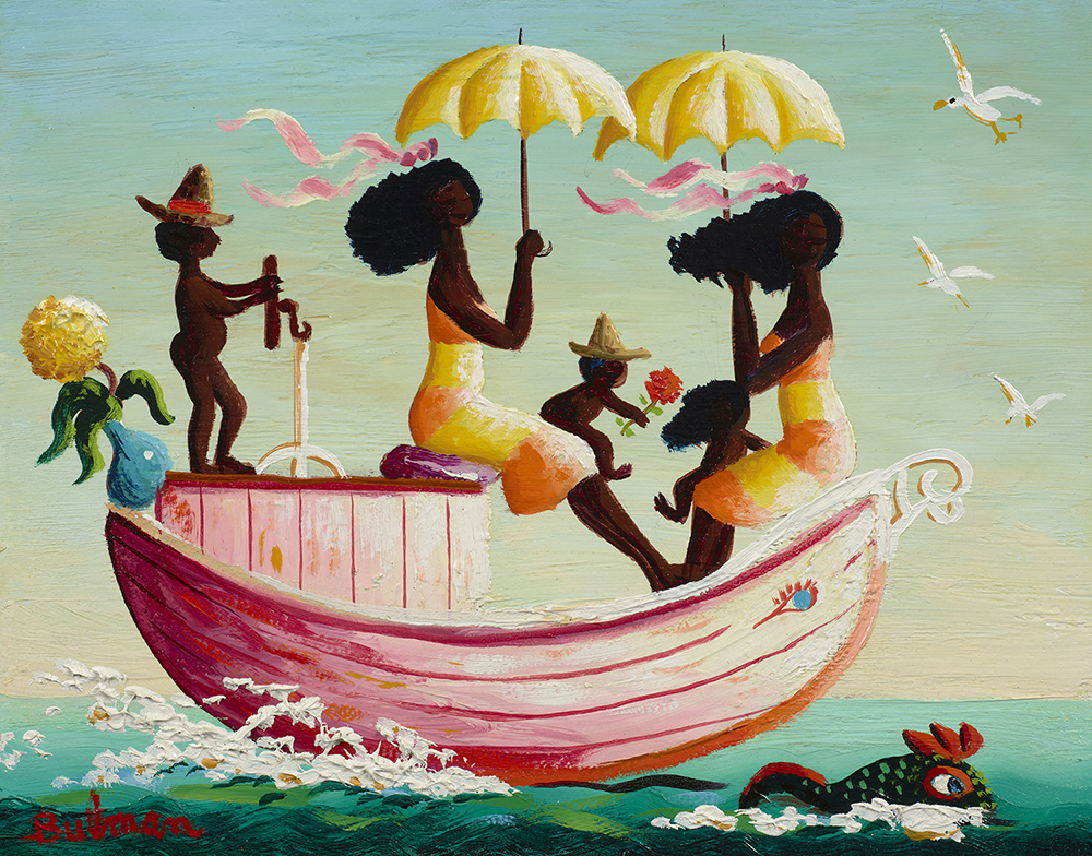 Oil painting of women with umbrellas and children in a boat
