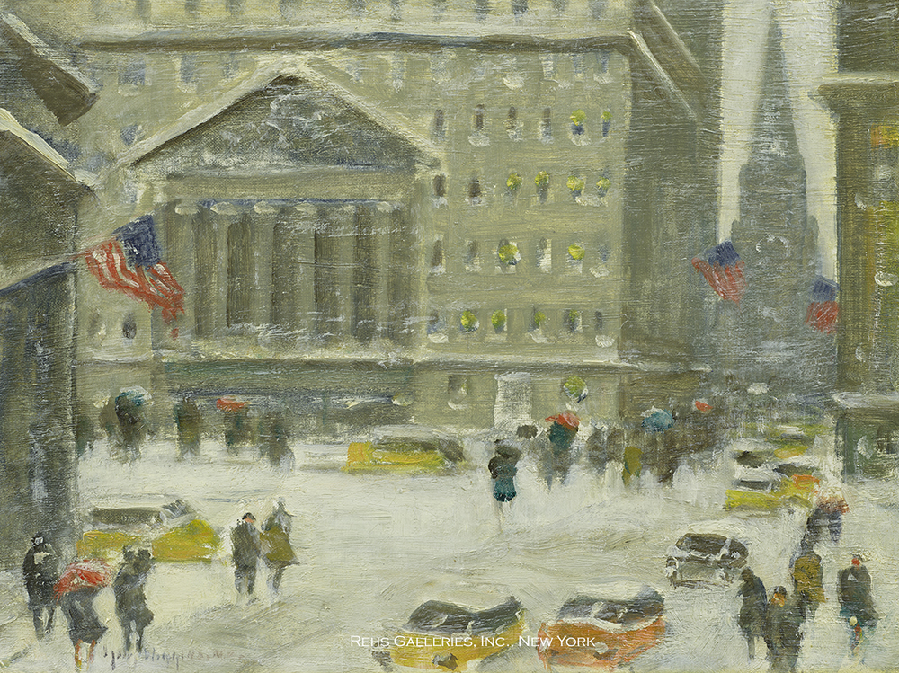Oil painting of a winter city scene