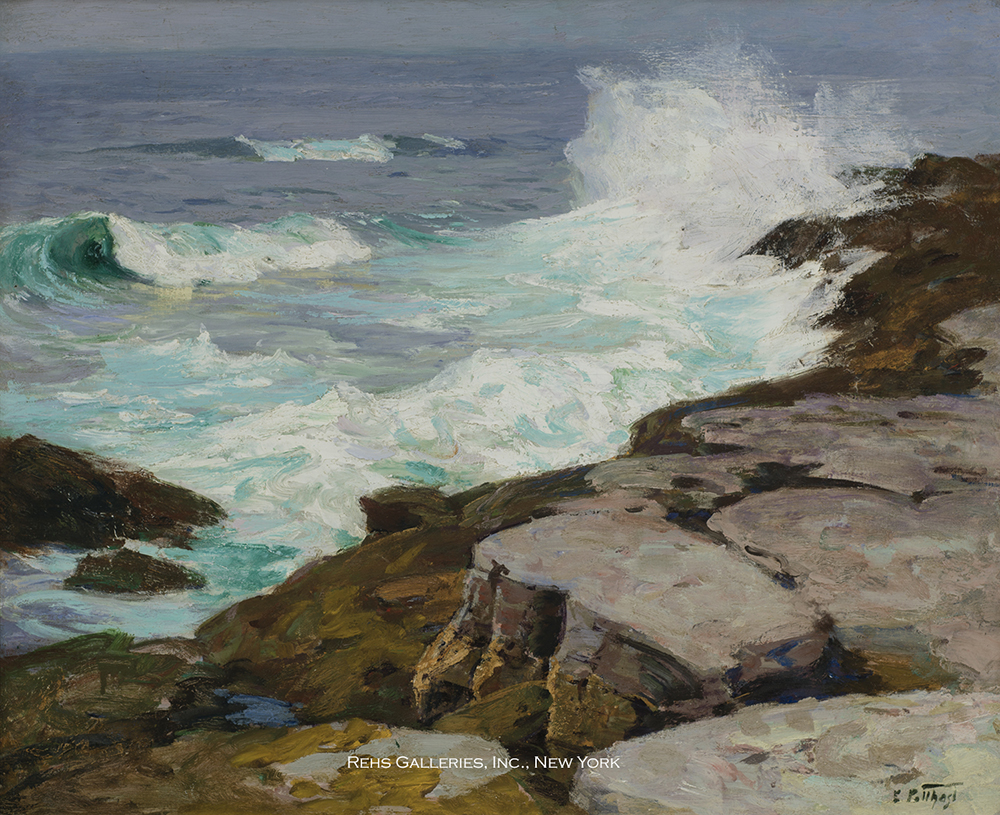 Oil painting of the ocean surf at low tide on rocks