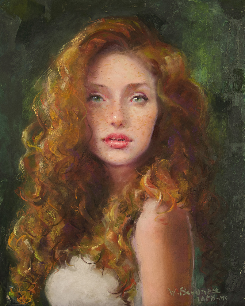 Pastel painting of a woman with red hair