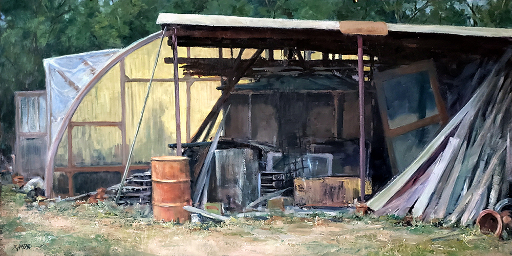Oil painting of a storage building behind a nursery