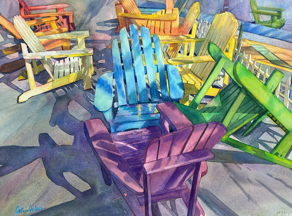 Watercolor painting of colorful Adirondack chairs 