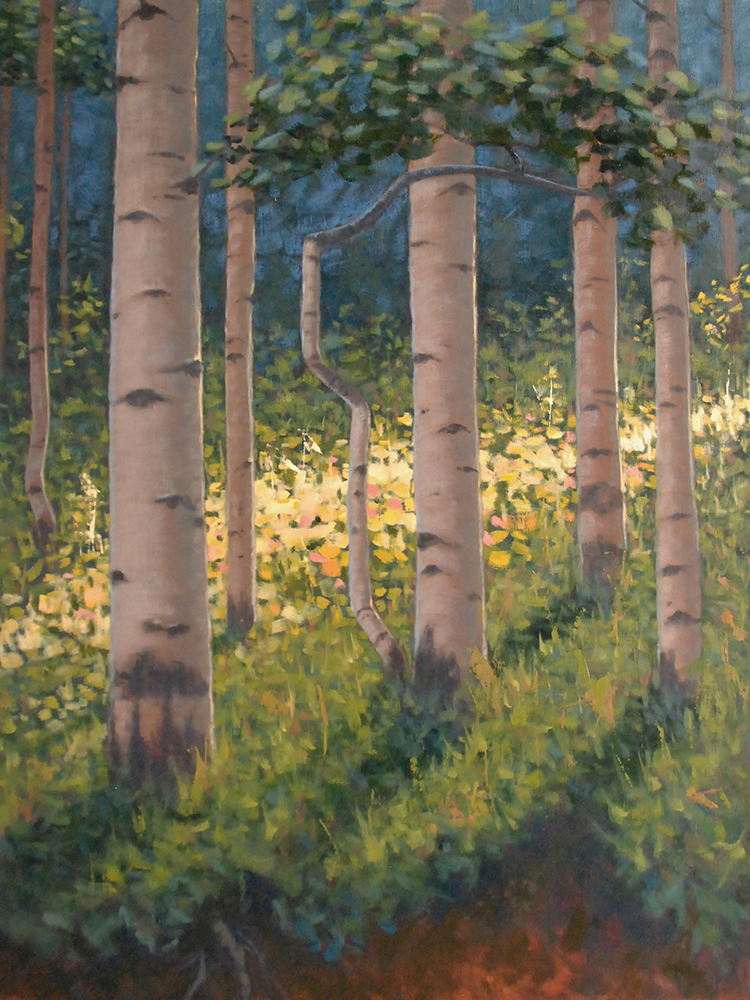 Oil painting of aspen tree trunks on a sunny day