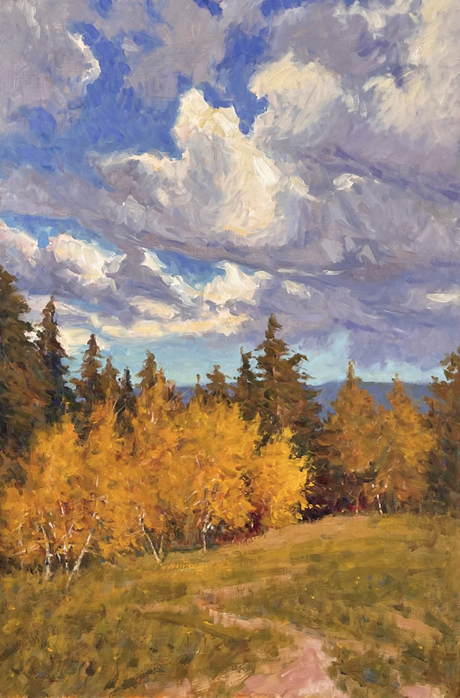 Oil painting of aspen trees with a cloudy sky