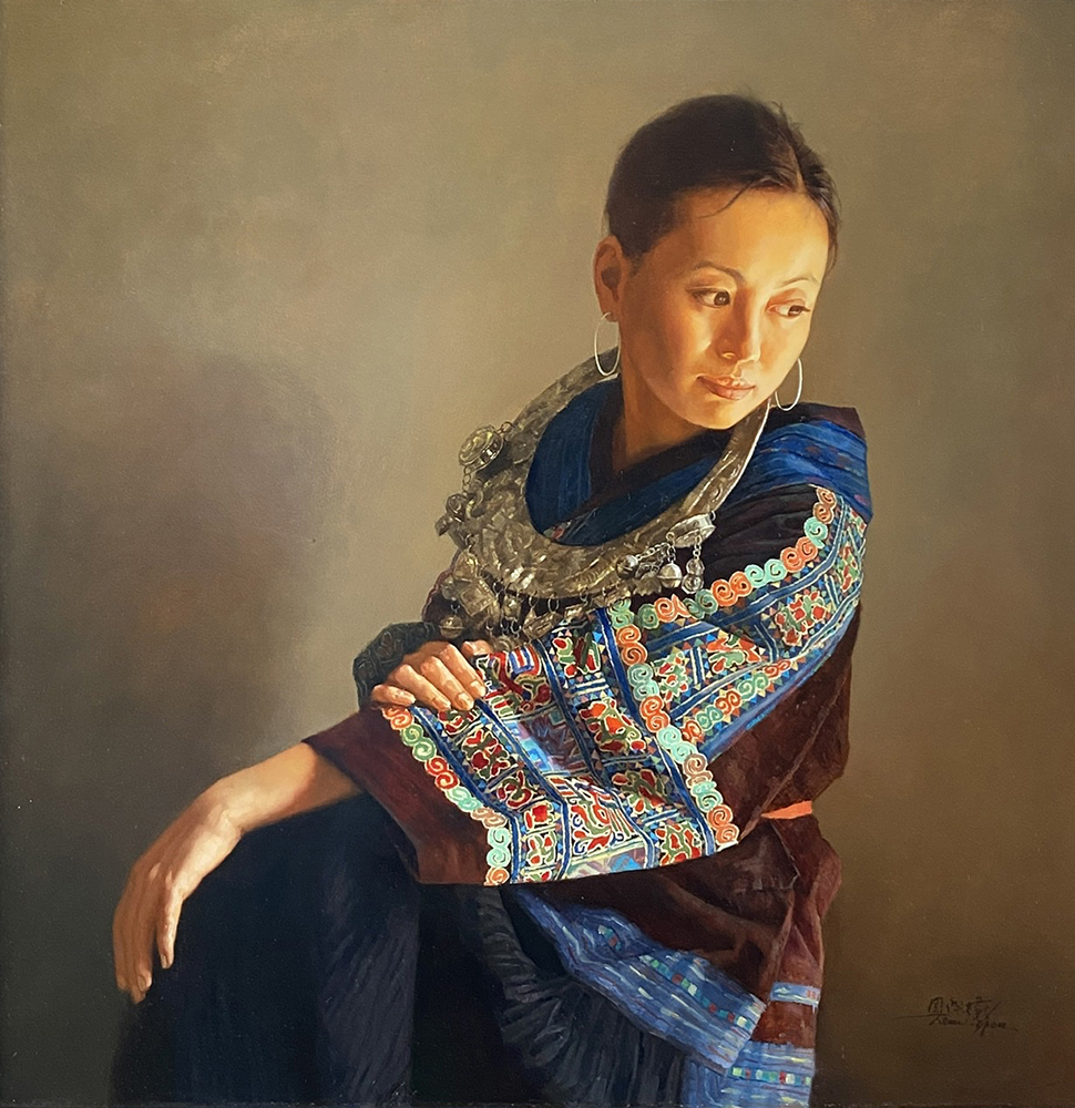 Oil painting of a woman sitting and thinking