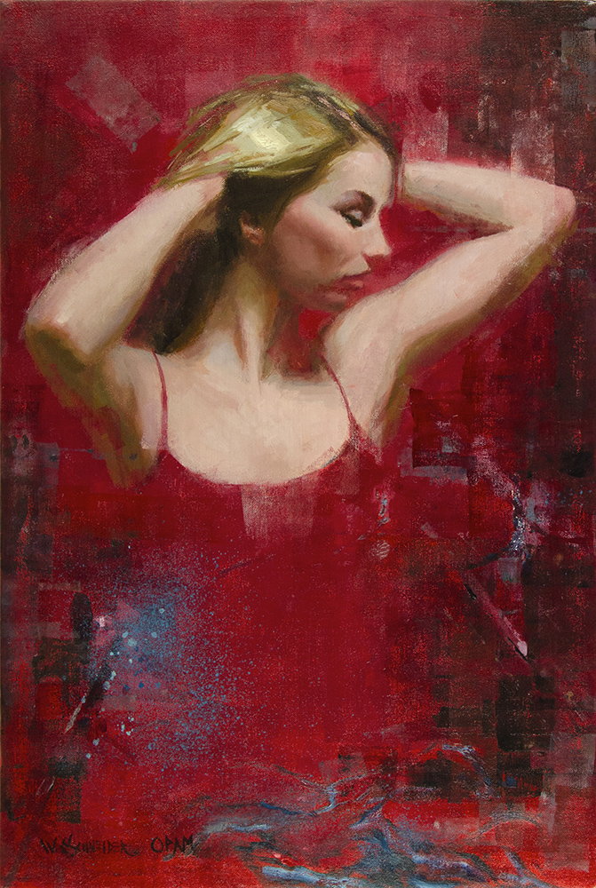 Oil painting of a woman in a red top