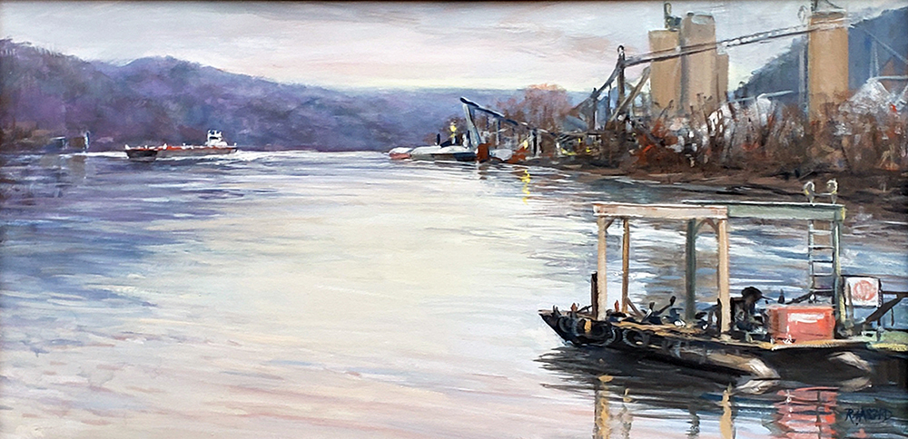 Casein painting of a boat on a river