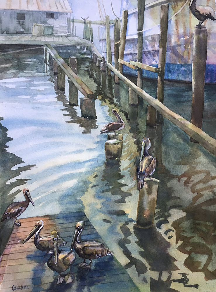 Watercolor painting of a dock with pelicans