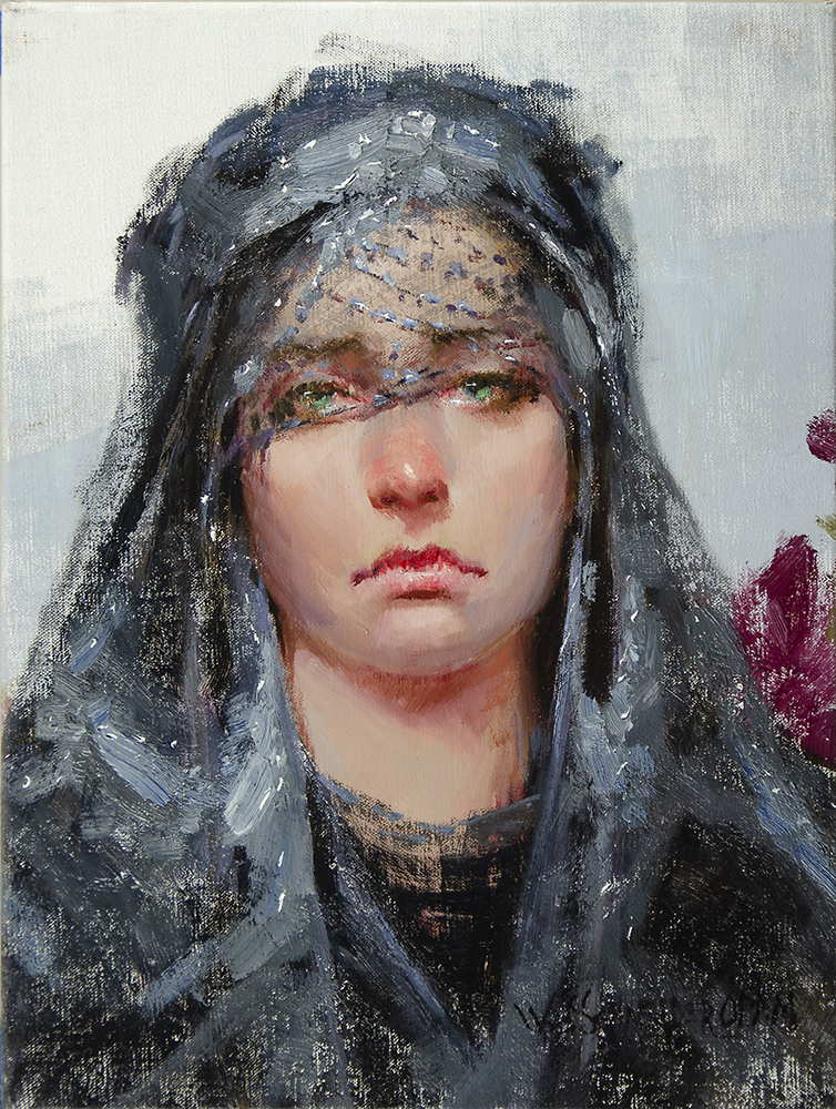 Oil painting of a sad young woman in black mourning attire