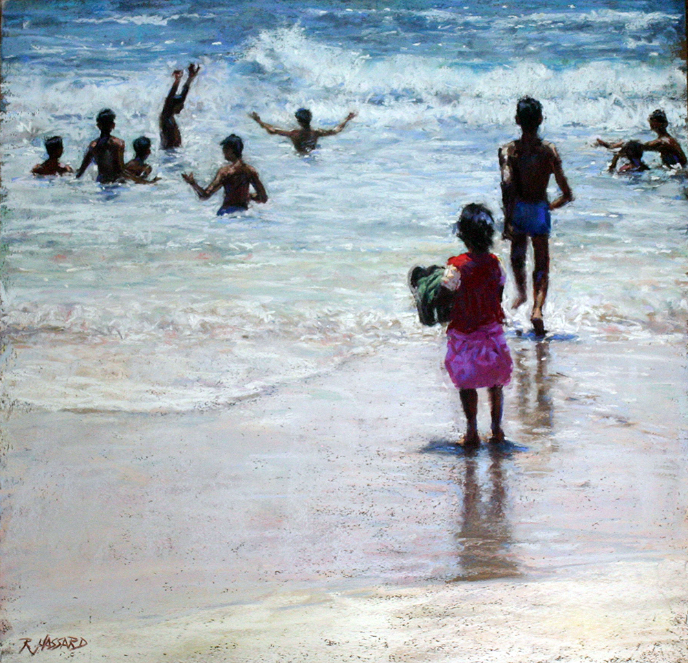 Pastel painting of people swimming in the ocean