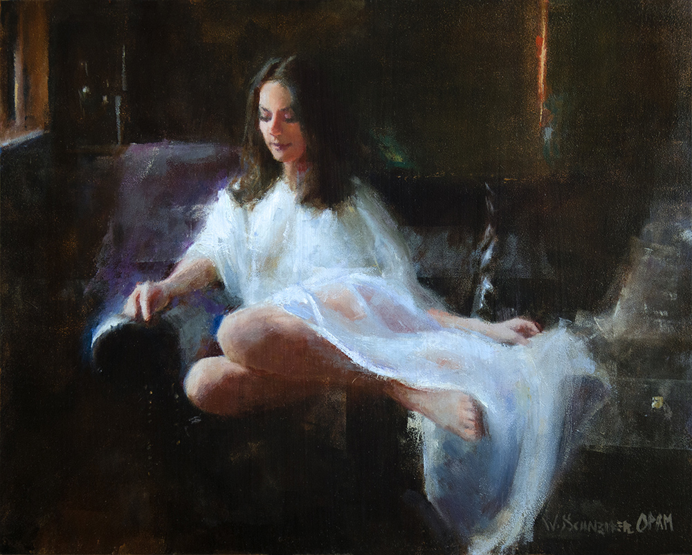 Oil painting of a woman draped in white