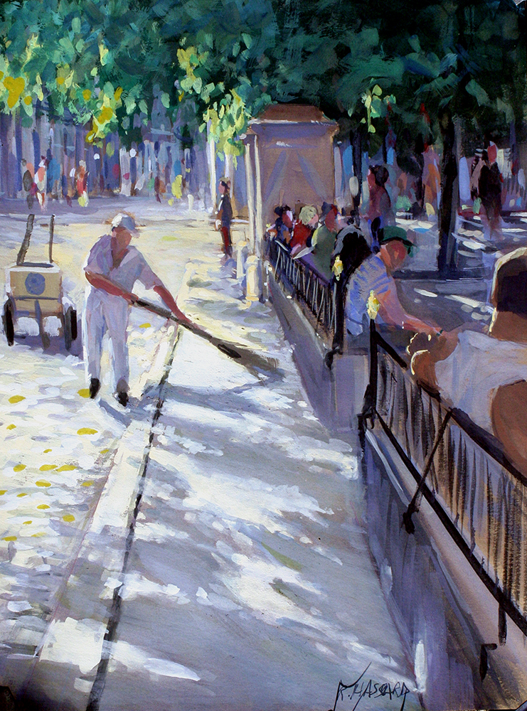Gouache painting of a man sweeping a sidewalk in summer next to a park