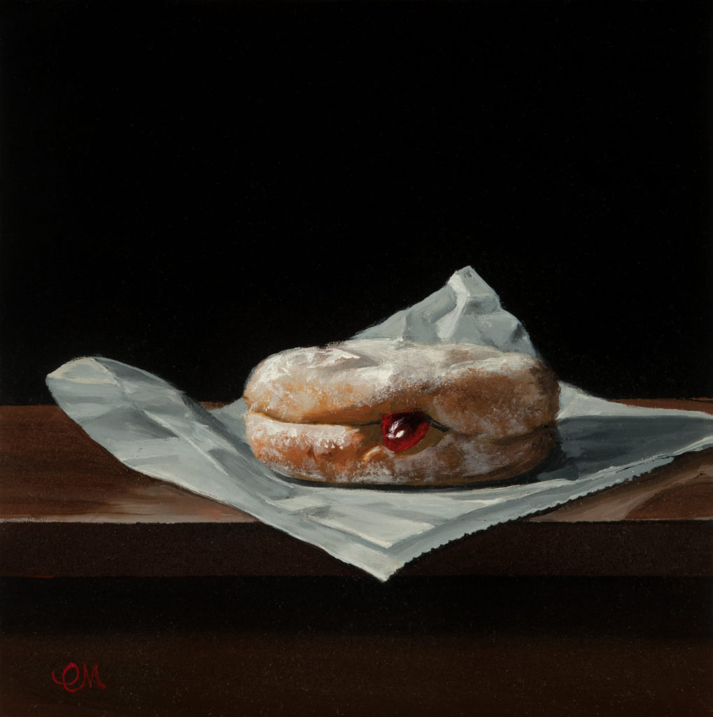Paintings of donuts - CLEVELAND MORRIS (b. 1947), "Jelly Donut," 2017, oil on linen, 8 x 8 in., private collection