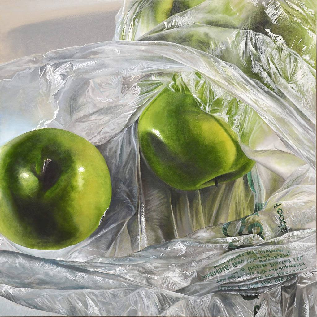 Paintings of apples - DAN SIMONEAU (b. 1962), "Bag of Grannys," 2017, acrylic on canvas, 36 x 36 in., Re:Vision Art Gallery, Kenosha, WI