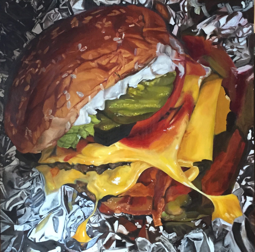 Paintings of cheeseburgers - ELIZABETH SELBY (b. 1988), "Cheeseburger," 2014, oil on panel, 36 x 36 in., private collection