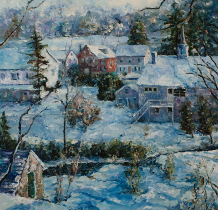 Oil painting of a rural town in winter