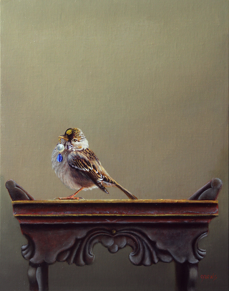 Oil painting of a bird sitting on a shelf
